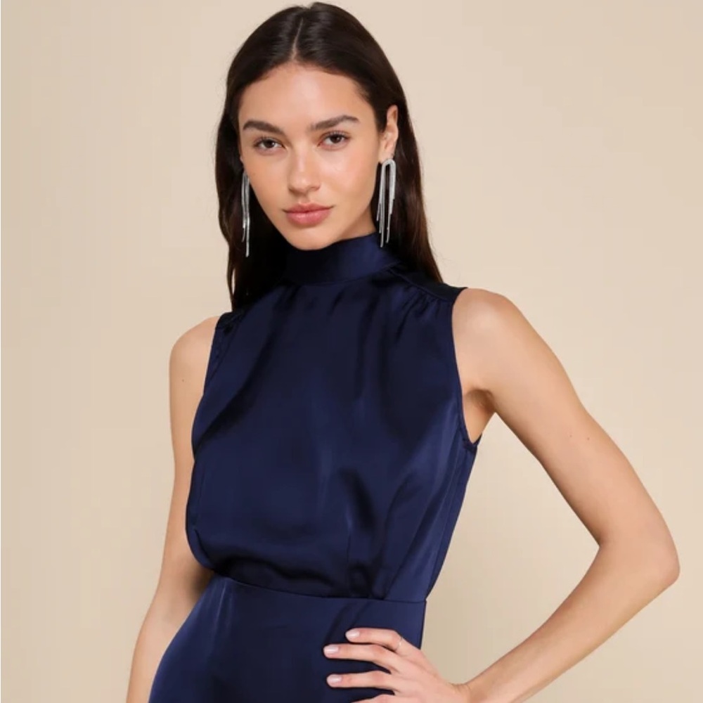 Lulus Classic Elegance Navy Satin Sleeveless Mock Neck Mini Dress Blue - Size M